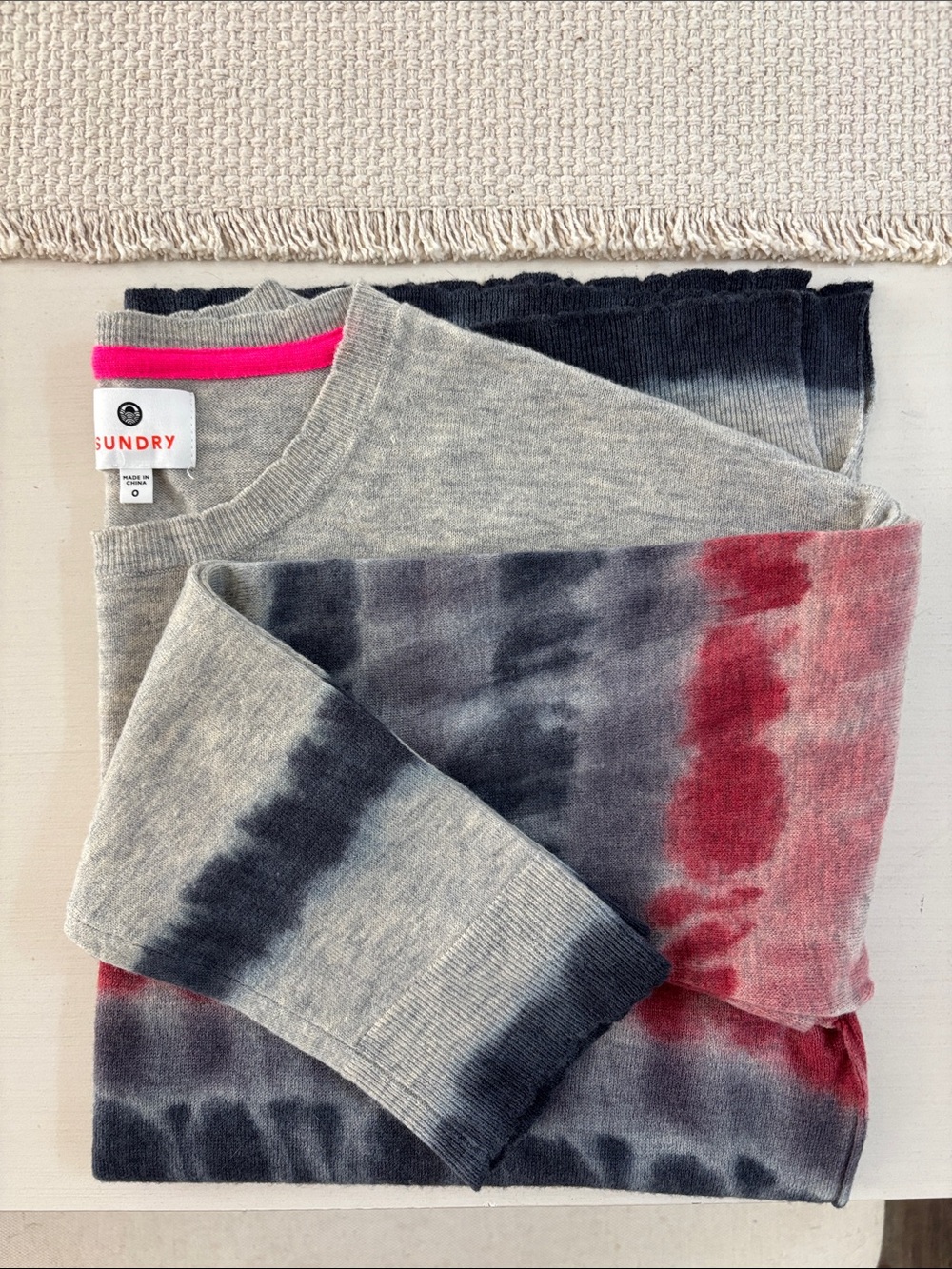 Sundry Crewneck Sweater in Gray with Pink & Navy Tie-Dye Stripes